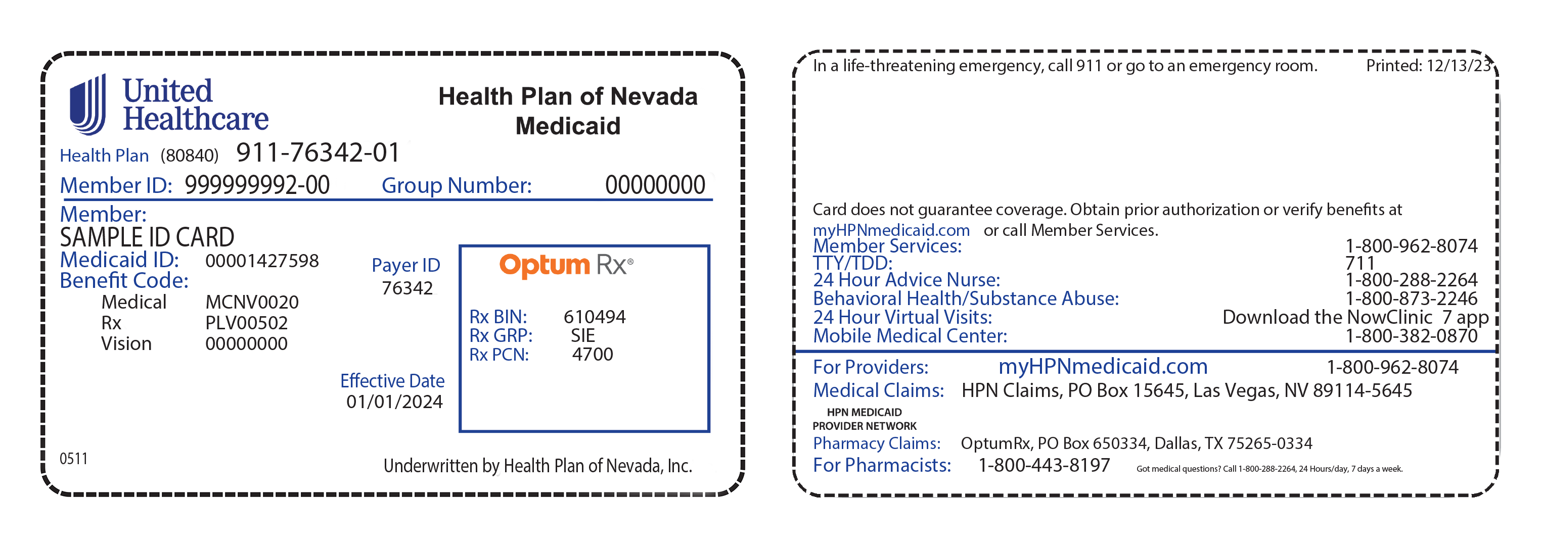 Image is an example of an Unitedhealthcare HPN Medicaid health plan ID card
